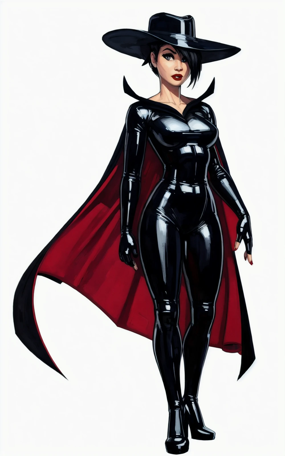8k,4k,((Best quality, masterpiece, ultra high resolution)),((full body, by pixelsketcher)), <lora: Cybersix:0.55>,Cybersix,gloves, fingerless gloves, cape, hat, bodysuit, black hair, high heels,black gloves, makeup, black bodysuit, lipstick, black headwear, red cape, red lips,short hair,hair over one eye,white background,human,short sleeves,fingerless gloves,black cape
