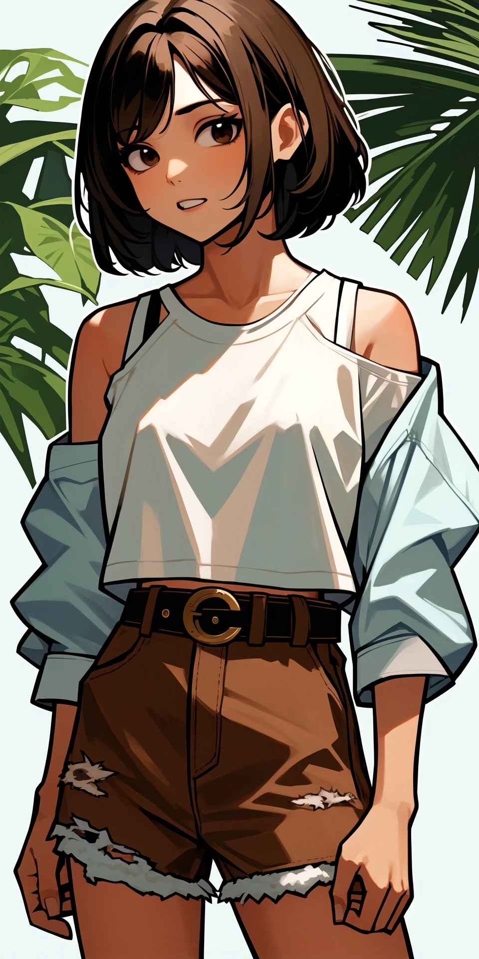 off_shoulder, highres, cropped_shirt, brown_eyes, alternate_costume, off-shoulder_shirt, food, spanish_commentary, denim_shorts, teeth, dated, (belt_buckle:1.1), shirt_overhang, short_hair, bra_visible_through_clothes, shorts, solo, burger, white_shirt, brown_hair
<lora:bee:0.5>