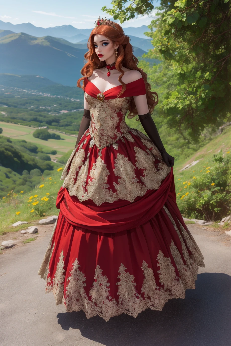 woman, Adult, (full body photo:1.3), (long ginger loose waves Hair:1.3), b34uty_g0wn_1, long red ball gown, puffy underskirt, gold elbow gloves, choker, tiara, <lora:b34uty_g0wn_1:0.75>, best quality, high detail, high quality, high res, 4k,eyeliner, pouty lips, detailed skin texture, (blush:0.5), outdoor background (posing on top of a mountain1.3), ((very tiny waist)),
