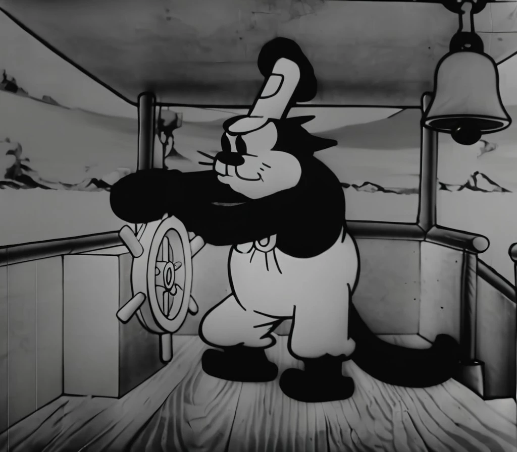 1920s animation, pete chewing, pete holding steering wheel, wheelhouse, scenery at background, solo, bell
<lora:steamboat_willie:1>
