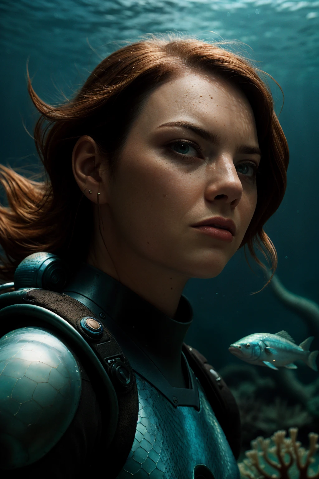 <lora:Emma_Stone-v1-01:1.4>3mm4, woman,Style-GravityMagic, portrait, looking away, solo, from front, front view, half shot, detailed background, close up, (evil <lora:AtlantisTech:0.6>, scifi, atlantistech, atlantistech theme:1.1), superhero, aggressive expression, fighting stance, underwater, under the sea, (fish:0.6), swimming, waves, epic cinematic atmosphere,, candid, vanishing point, cut-in, diffused lighting, , 200mm f1.8, shot on Hasselblad X1D II