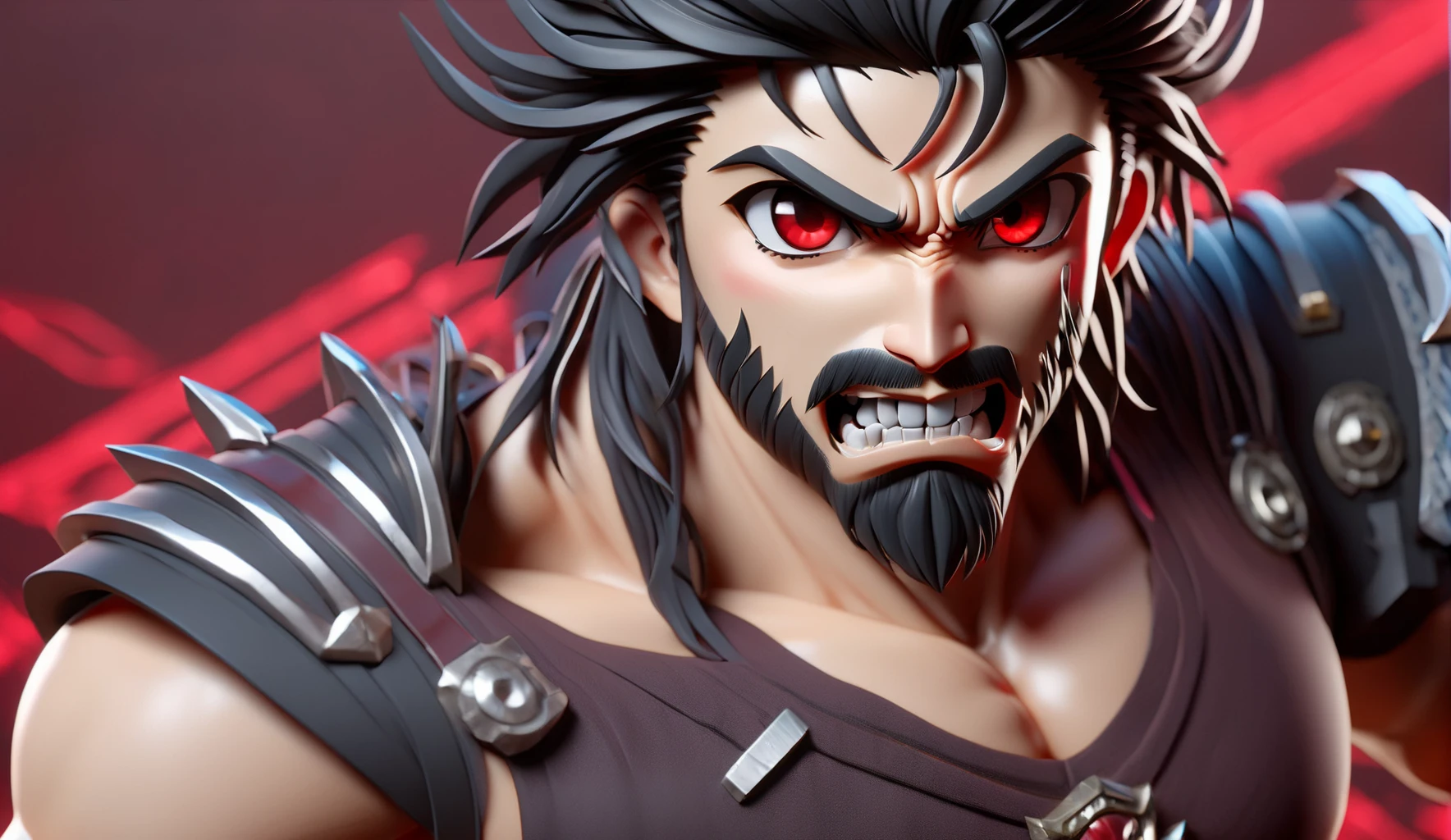 3d, 3d render,3d anime, japanese anime, highly detailed, vibrant, production cinematic, absurdres, highres, league_of_legends tryndamere 1boy angry beard black_hair clenched_teeth close-up facial_hair holding holding_sword holding_weapon looking_ahead male_focus mustache portrait red_eyes solo sword teeth v-shaped_eyebrows weapon