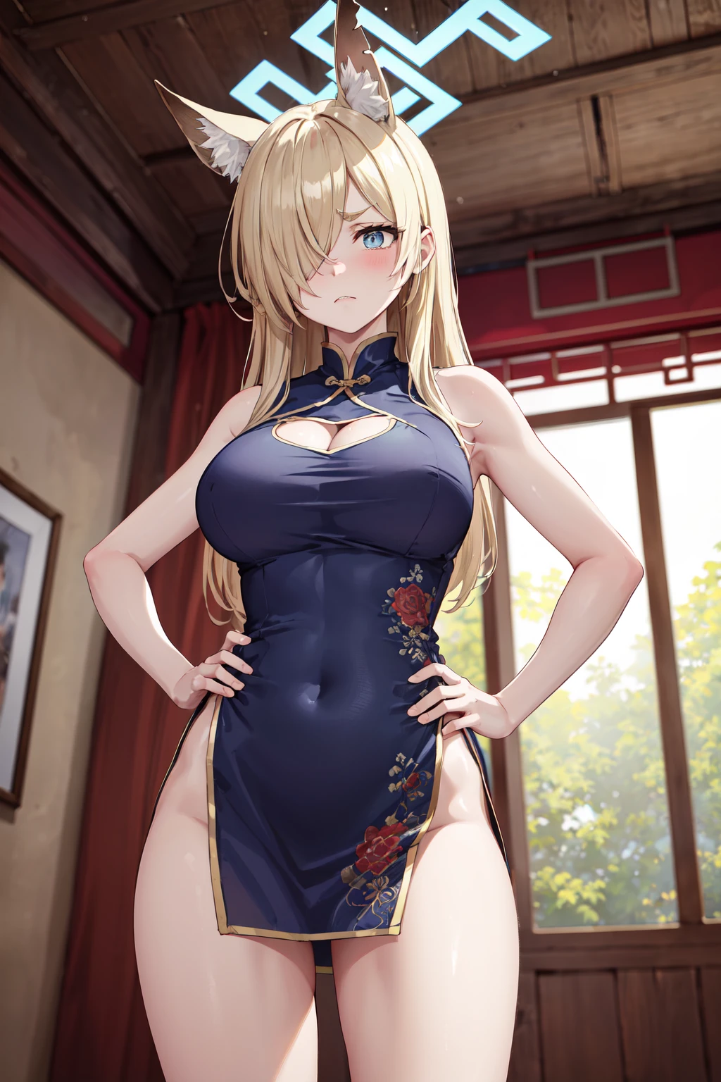 masterpiece,best quality,highres,ultra-detailed,aakanna,halo,fox ears,long hair,hair over one eye,bangs,large breasts,<lora:kanna_(blue_archive):0.7>,bare shoulders,china dress,chinese clothes,short dress,cleavage cutout,sideboob,thighs,hands_on_hips,(furrowed_brow:1.2),indoors,front view,from_below,