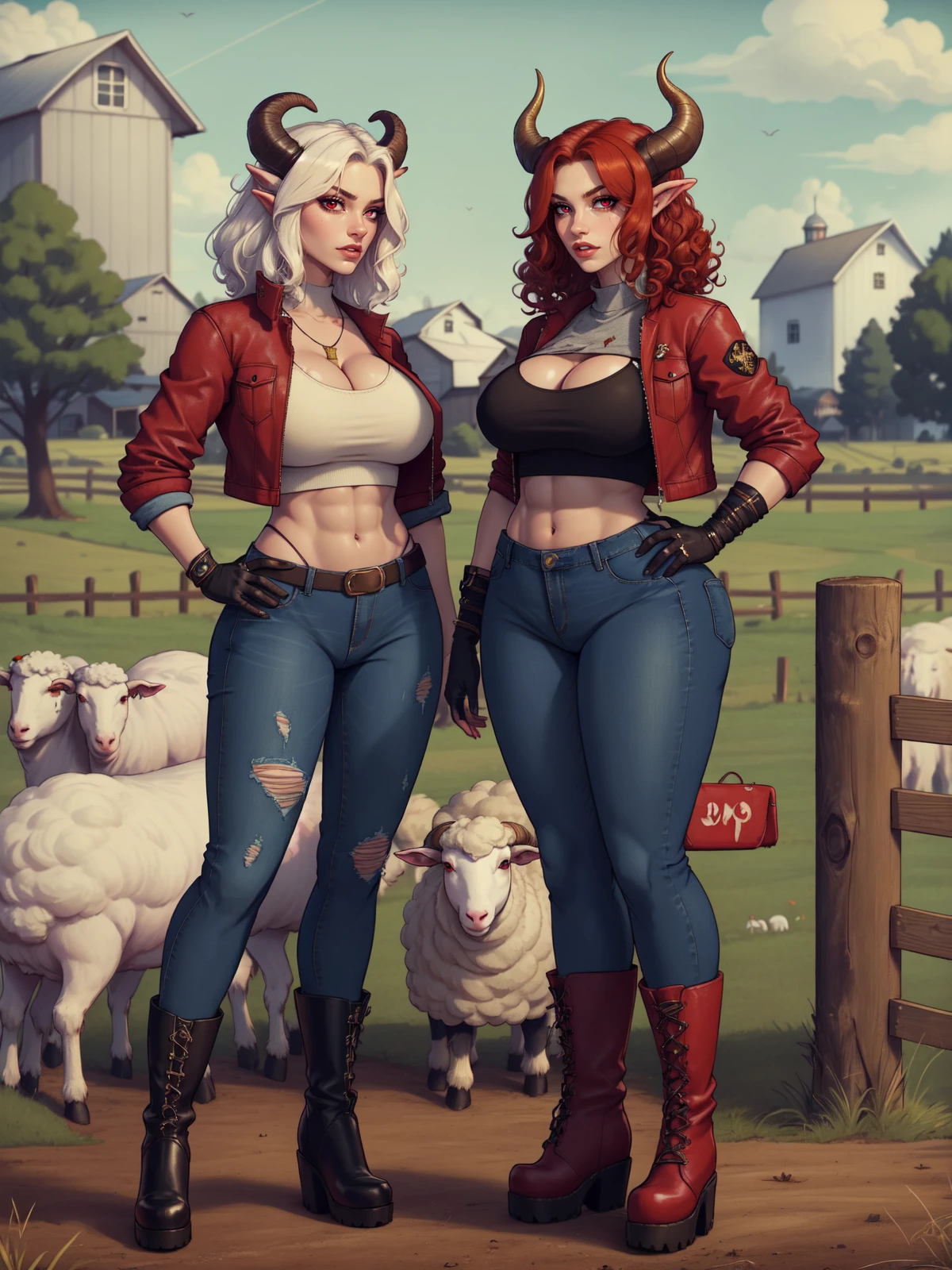 medium hair, multiple girls, sheep hair, wool hair, large breasts, red eyes,  navel, 2girls, cleavage, standing,sheep girl, jacket, full body, curly frizzy white hair, (combat gloves), red hair, boots, open clothes, horns, black gloves, midriff, pants, fingerless gloves, crop top, hand on hip, torn clothes, covered navel, abs, denim, red jacket, jeans, curled horns, goat horns, sheep horns, torn pants, sheep,
(large breasts, thick thighs, thick hips, thin waist),
(((Farm, Farm city, Farm tavern))),
(beautiful detailed face, masterpiece, best quality),
