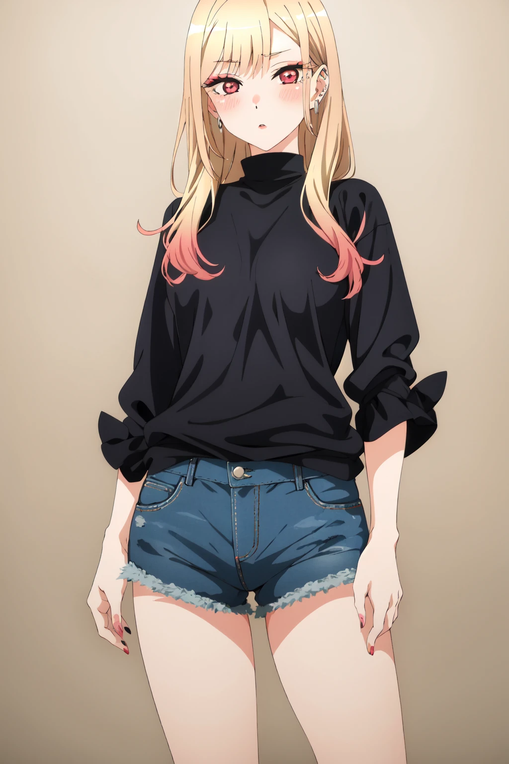 <lora:anime_screencap_v2:0.3> tall body, tall, long legs, mature female, mature, adult, <lora:GoodHands-beta2:1.4>,
 <lora:eft_marin-02:1>, eft_marin, 1girl, solo, blonde hair, long hair, multicolored hair, kitagawa marin, nail polish, red eyes, looking at viewer, shirt, breasts, parted lips, gradient hair, bangs, simple background, makeup, medium breasts, earrings, cowboy shot, jewelry, holding, pink hair, piercing, blush, standing, black shirt
