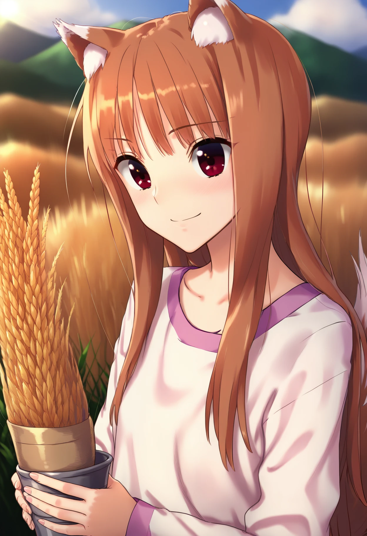 score_9, best quality, masterpiece, uncensored, source_anime
BREAK
1girl, solo, standing, holo \(spice and wolf\), wolf girl, wolf tail, wolf ears, wheat field, detailed background, evening
<lora:kawakami_rokkaku_pony_v2:1>
