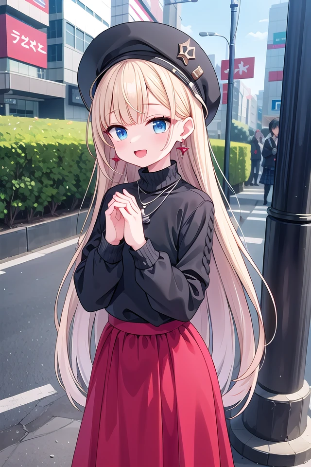 (cleavage:-1.5), insanely detailed, absurdres, ultra-highres, ultra-detailed, best quality,
1girl, solo, nice hands, perfect hands,
BREAK
(black theme:1.4), (fit body:1.3), (tight long sleeve and turtleneck (black sweater):1.4), (black heeled boots with lace-up:1.1),
BREAK
(black and red theme:1.3), ((red) high-waisted ((maxi length skirt, very long A line skirt):1.2) with [plaid pattern]:1.4), ((black) bucket hat with wide brim:1.4),
BREAK
((earrings, necklace):1.2),
(cleavage:-1.5), (naked skin:-1), (mini skirt:-1), (legs:-1), (straw hat:-1), (red hat:-1), (green hat:-1), (white sweater:-1), (slit:-1), (belt:-1), (multiple necklaces:-1), (navel:-1), (waist:-1)
BREAK
happy smile, laugh, open mouth,
standing,own hands together,
cowboy shot,
BREAK
slender, kawaii, perfect symmetrical face, ultra cute girl, ultra cute face, ultra detailed eyes, ultra detailed hair, ultra cute, ultra beautiful,
BREAK
day, (cityscape in tokyo:1.2), ultra detailed background, blue sky, (evening:-1.5), (night:-1.5),
medium breasts, blonde hair, blue eyes