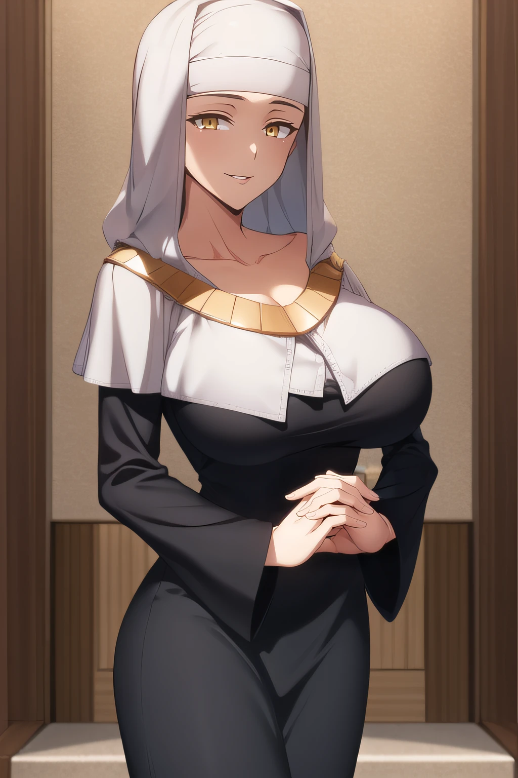 (masterpiece:1.2), best quality, high resolution, unity 8k wallpaper, (illustration), extremely detailed face, perfect lighting, extremely detailed CG, (beautiful detailed eyes:1.2), 1girl, solo,  <lora:Sessyoin_Kiara:0.8>, kiara, nun, habit, yellow eyes, black dress, standing, huge breasts, cowboy shot, detailed lips, closed mouth, collarbone, church, looking at viewer, mature woman, smile, taut dress, [perfect hands:1.3, detailed hands:1.3, perfect fingers:1.2, detailed fingers:1.2, five fingers:1.2], ((prayhands, interlocked fingers, own hands together))