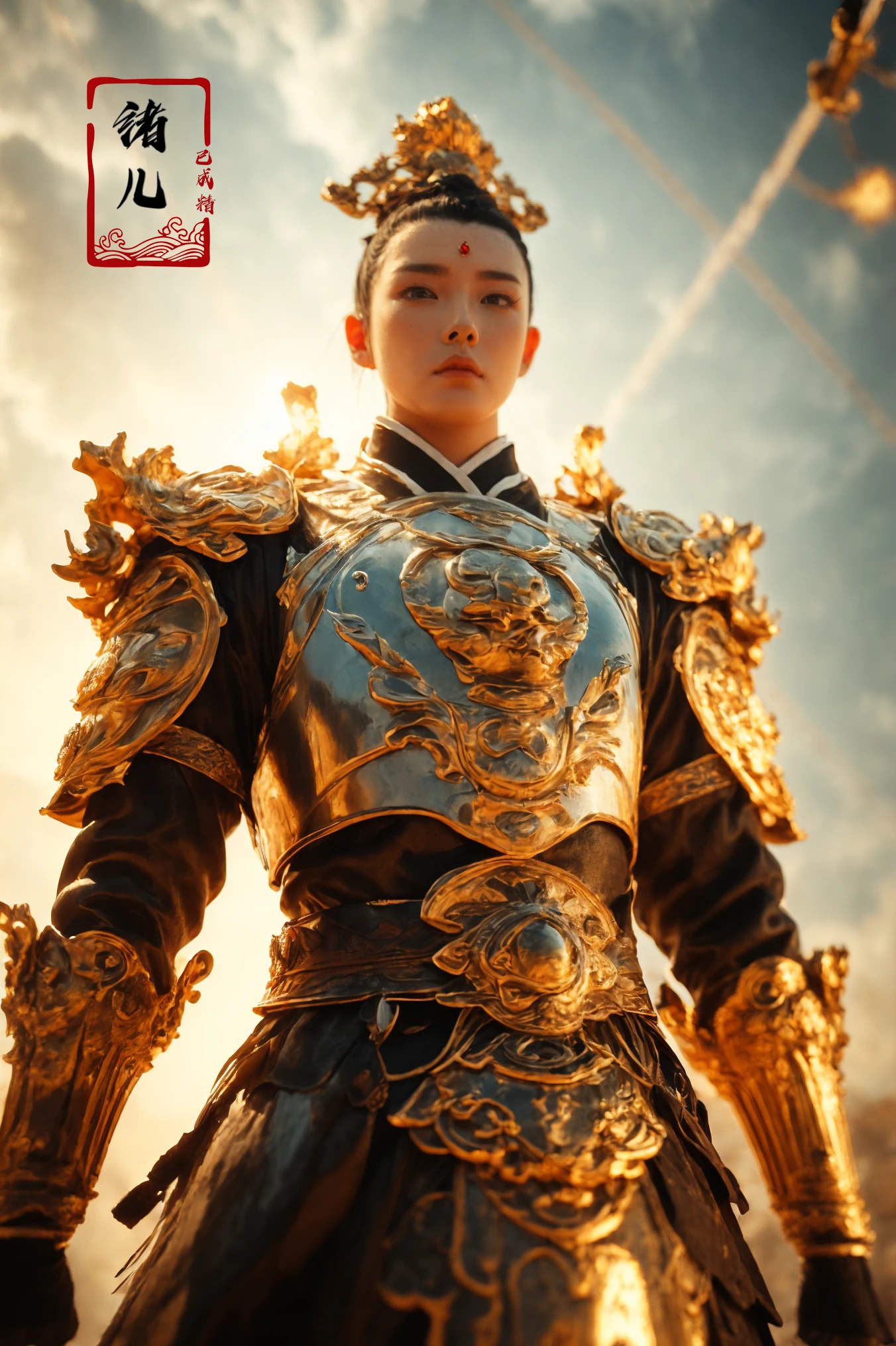 ((masterpiece)),(highres), original, (extremely detailed 8K wallpaper), (beautiful and clear background:1.4), (depth of field:0.5),award winning,(Surrealism:1.5), lens flare,shade, backlighting, depth of field, natural lighting,   hard focus, film grain, photographed with a Sony a9 II Mirrorless Camera, by Laurence Demais,  Dynamic Angle, Perspective, High Point,pov
cinematic lighting,ray tracing,3d,3d render,high-precision shadows,close-up,(imid shot,macro shot:1.25),(Detailed face description),(Detailed hair description),(Detailed clothes description),
xuer Ancient Chinese armor, 1girl,   shoulder armorholding weapon, (full body:0.6),
A shot with tension(sky glows red,Visual impact,giving the poster a dynamic and visually striking appearance:1.2),Chinese Zen style,impactful picture,
<lora:~Q?-N-Vu2 xuer Ancient Chinese armor:0.8>