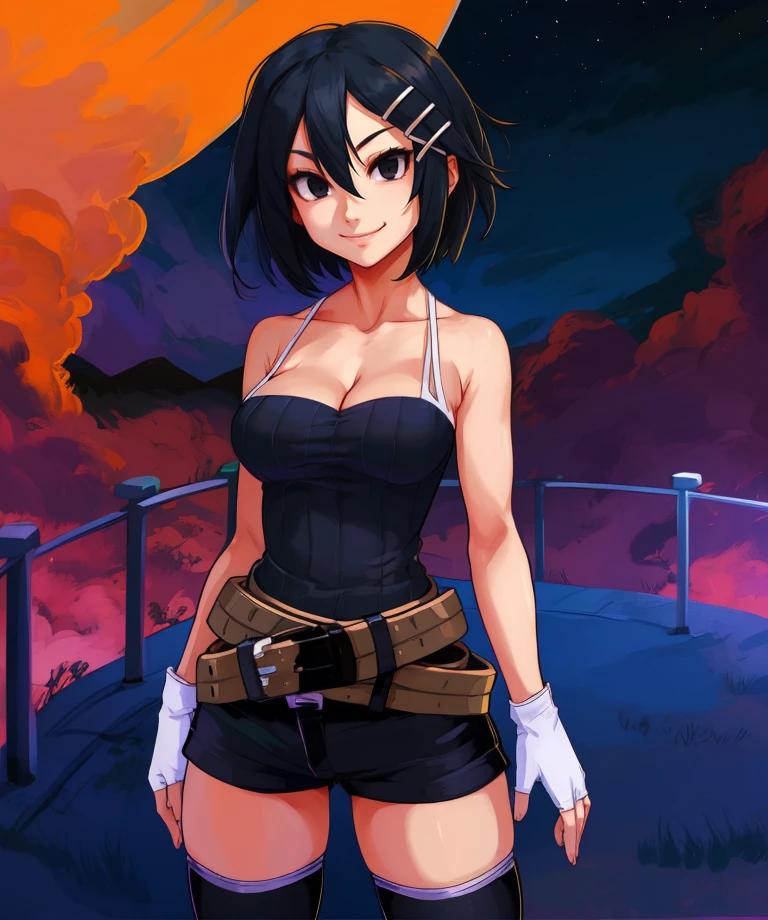 Asagi,short black hair,black eyes,happy,
standing,upper body,
hairclip,black shirt,thighhighs,black shorts,belt,white fingerless gloves,cleavage,
night,concert,
(insanely detailed, masterpiece, best quality),<lora:Asagi:0.8>,