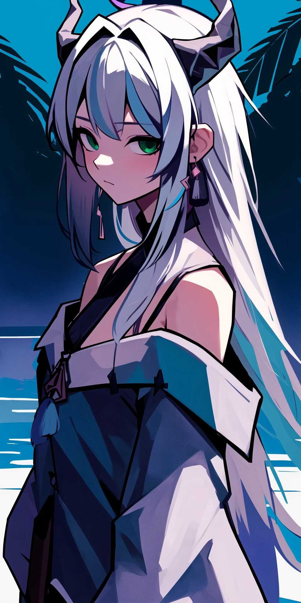 gradient_hair, blue_hair, hand_up, grey_hair, long_hair, highres, dragon_girl, tassel, absurdres, green_eyes, bare_shoulders, off_shoulder, outdoors, solo, streaked_hair, tassel_earrings, shu_\(arknights\), horns, dragon_horns, (multicolored_hair:1.1)
<lora:bee:0.7>