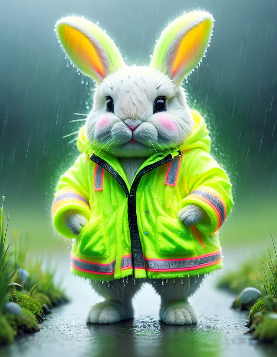 tilt-shift photo of selective focus, miniature effect, blurred background, highly detailed, vibrant, perspective control, natural Tilt Shot (Whimsically artistic) , adorable extra (fluffy: 1.3) chubby miniature bunny wearing an ral-highvis rain coat, wet grassland, tiny rocks, magical, macro photography, (enchanting:1.3), (luminous:1.2), (oversized flora:1.1), mystical, vibrant photography, shimmering light, dreamy, whimsical, serene, soft-focus, hyper-detailed digital art, rain, clouds, sad bunny face <lora:ral-highvis-sdxl:1>