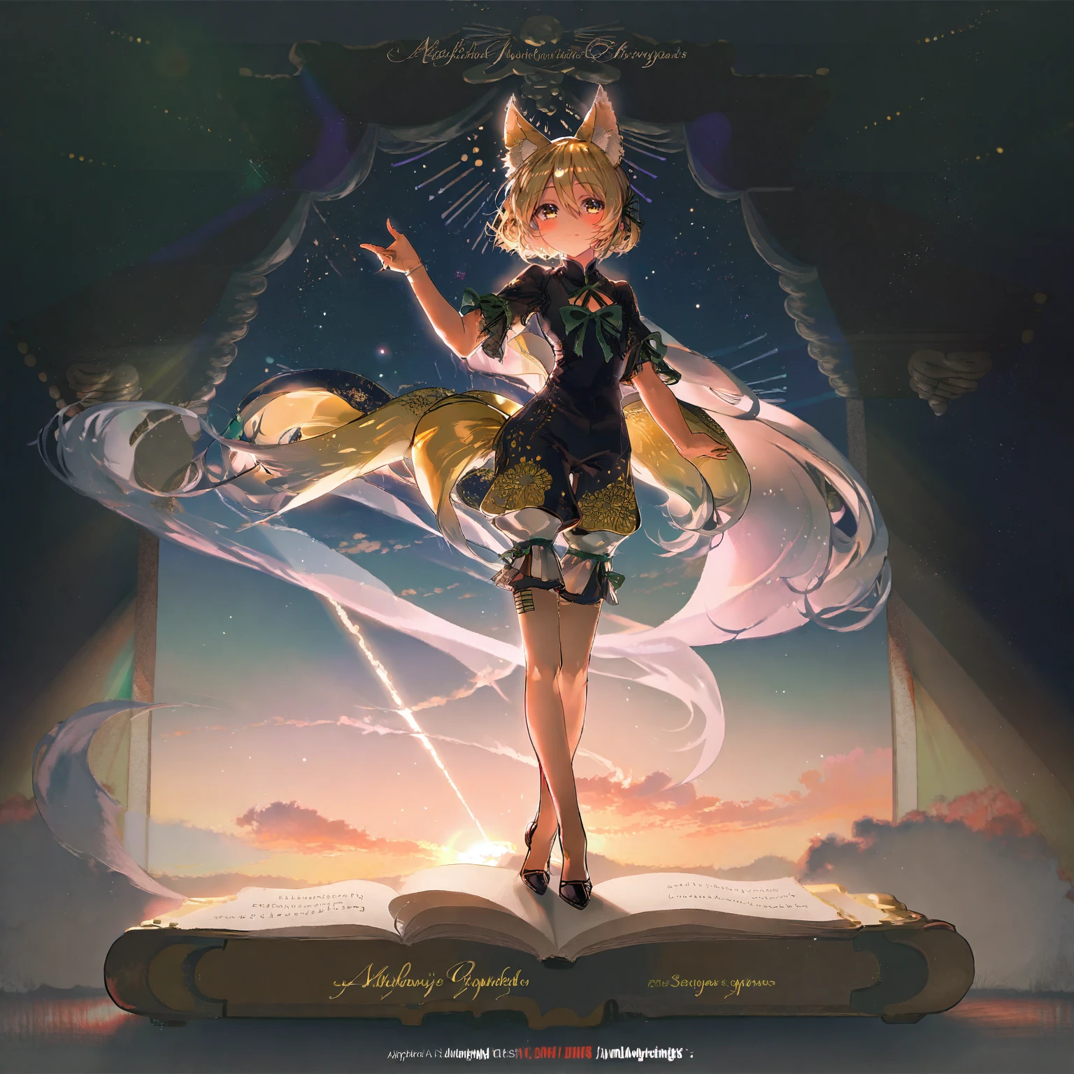 detailed, aesthetic, beautiful, beautiful color, amazing quality, best quality, 1girl, solo, medium hair, short sleeves, yellow eyes, animal_ear_fluff, fox tail, kudamaki tsukasa, romper, blonde hair, green ribbon, hair between eyes, blush, <lora:Rella:1>, <lora:kudamaki_tsukasa_image1939_2023-12-20:1>, standing, full body, english text, book, light particles, lens flare, backlighting, chibi