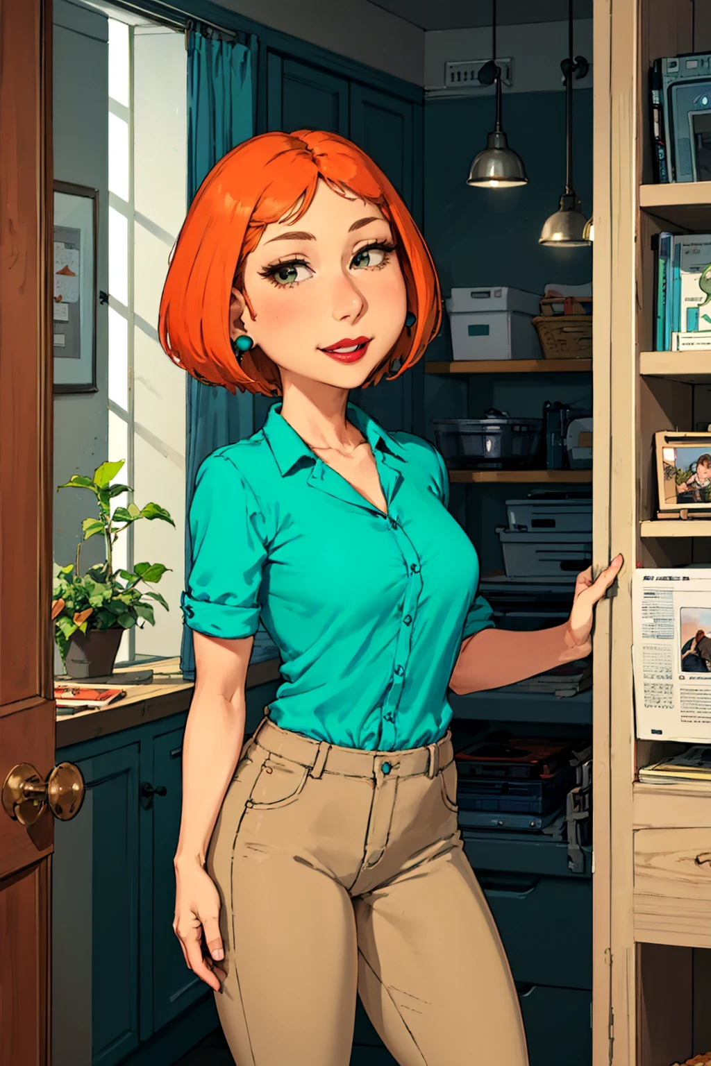<lora:lois4-000007:0.55> lois, 1girl, blue earrings, short hair, solo, lipstick, orange hair, aqua shirt, beige pants,looking at viewer, smile,