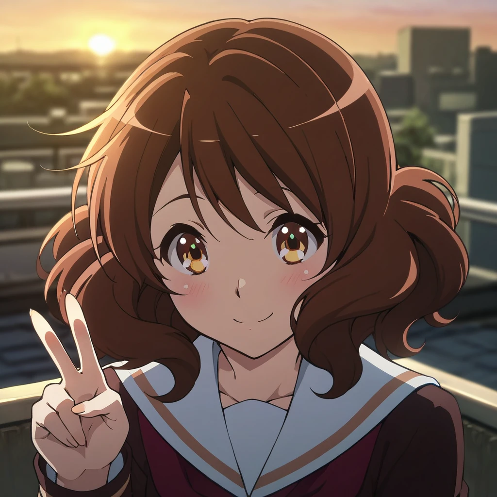 [high quality, best quality], 1girl, solo, oumae kumiko, winter uniform, medium hair, looking at viewer, smile, blush, v, rooftop, sunset