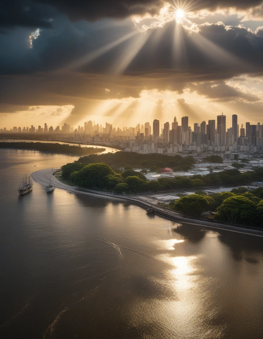 landscape of Belém Brazil, (RAW, analog, Nikon Z 85mm, award winning glamour photograph, ((best quality)), ((masterpiece)), ((realistic)), radiant light rays, highres, high detail, sharp focus, smooth, aesthetic, extremely detailed