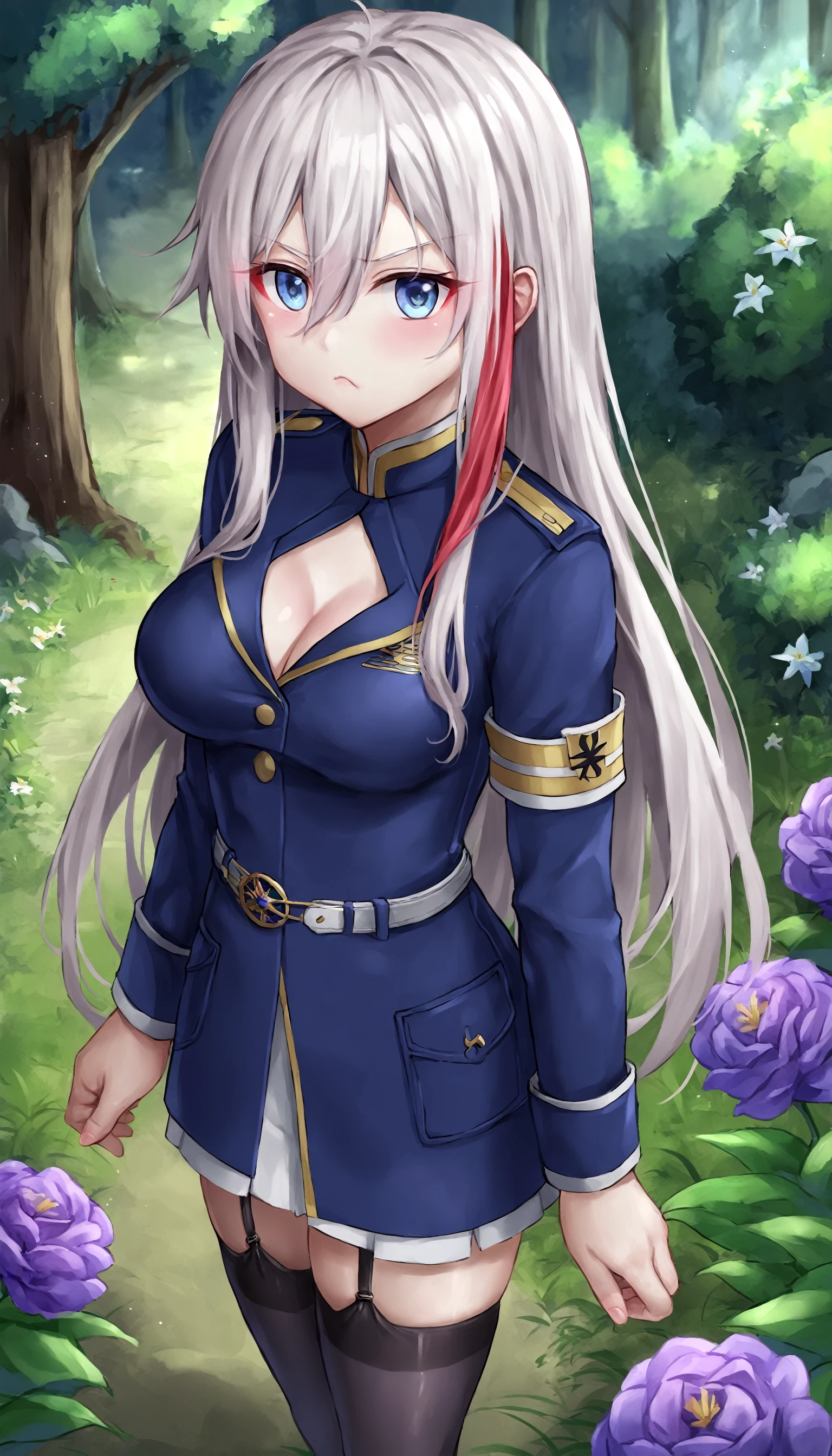 score_9, score_8_up, score_7_up, score_6_up, score_5_up, score_4_up, by aki99 BREAK
vl4dil3n4, military uniform, white hair, streaked hair, red streak, long hair, black thighhighs, garter straps, cleavage, medium breasts, standing, pout BREAK <lora:vl4dil3n4-ponyxl-1-000009:0.8>
grass, tree, flower, <lora:aki99_pony_v3-000012:0.8>