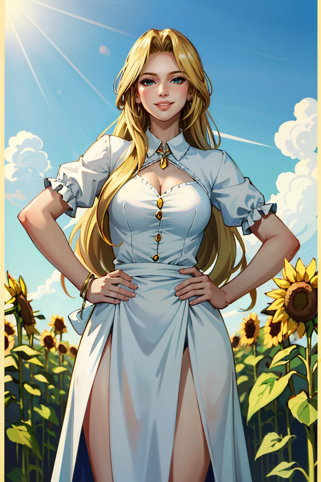 ((ultra detailed, masterpiece, absurdres))
<lora:DOAHelena:0.9>
DOAHelena, 1girl, long hair, blonde hair, surrounded by sunflowers in a bright field, smiling, with hands on hips
