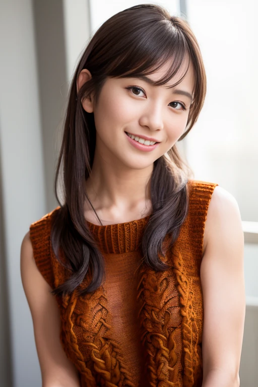 1girl, (sleeveless knit top:1.6),(RAW photo, best quality), (realistic, photo-realistic:1.4), masterpiece, an extremely delicate and beautiful, extremely detailed, 2k wallpaper, Amazing, finely detail, extremely detailed CG unity 8k wallpaper, ultra-detailed, highres, soft light, beautiful detailed girl, extremely detailed eyes and face, beautiful detailed nose, beautiful detailed eyes,cinematic lighting,(in the city:1.6),perfect anatomy,(slender body:1.0),(close up face,focus face:1.6),(smile,Friendly, warm:2.0),(looking at viewer:1.6),(young japanese idol:1.8),(long ponytail,one  white hair ribbon1.8), (brown eyes:1.8),(standing:1.6),<lora:aoyamanagisa_lora-17:0.7>