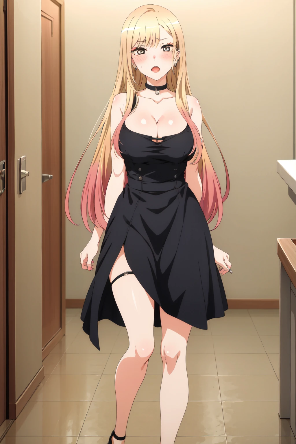 <lora:anime_screencap_v2:0.3> tall body, tall, long legs, mature female, mature, adult, <lora:GoodHands-beta2:1.4>,
<lora:eft_marin-02:1>, eft_marin, 1girl, kitagawa marin, breasts, blonde hair, solo, long hair, cleavage, open mouth, large breasts, looking at viewer, blush, earrings, jewelry, indoors, multicolored hair, collarbone, bangs, piercing, bare shoulders, ear piercing, sweatdrop, standing, dress, gradient hair