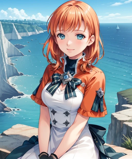 portrait, (adult woman), (1girl, solo), smile, (orange hair), ((coast, bay, cliffs, ocean)), (distant castle on a cliff), ((best quality, high detail)), ((masterpiece)), <lora:Annette_FE:0.7> (annette_war), medium hair, caplet, gloves, dress, <lora:1_mikeou_12e:1>