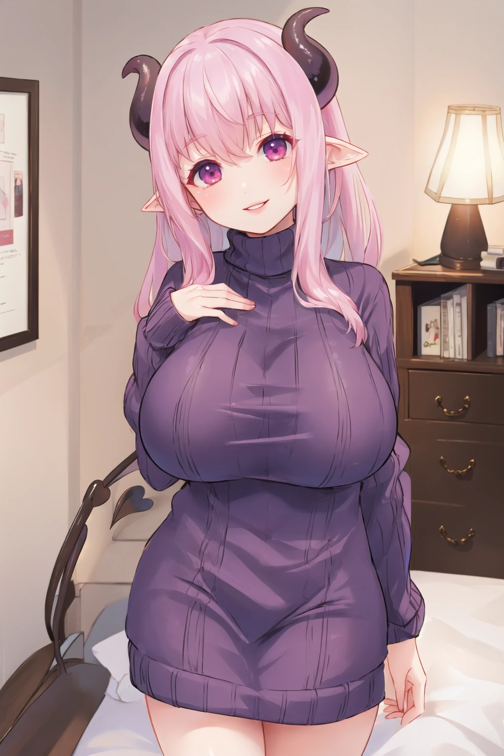<lora:succchara2-10:0.6>, succubus, huge breasts, indoors, smile, lips, head tilt, turtleneck sweater, sweater dress, indoors, bedroom