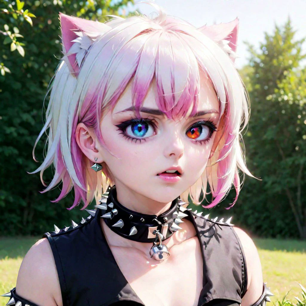 totless,1girl, outfit2, spiked collar , outdoor background, heterochromia