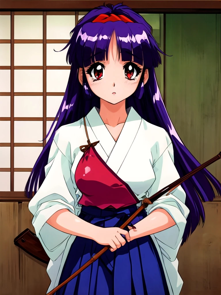 <lora:yumiko_siraishi_2024_2_3:1.2>\Yumiko Shiraishi\,1girl,multiple type pose,multiole angle,solo, bow (weapon), weapon, archery, long hair, japanese clothes, gloves, kyuudou, red eyes, holding bow (weapon), skirt, muneate, hakama, partially fingerless gloves, arrow (projectile), holding, holding weapon, hakama skirt, yugake, single glove, purple hair, hairband, bangs, blue hakama, drawing bow, holding arrow, indoors.