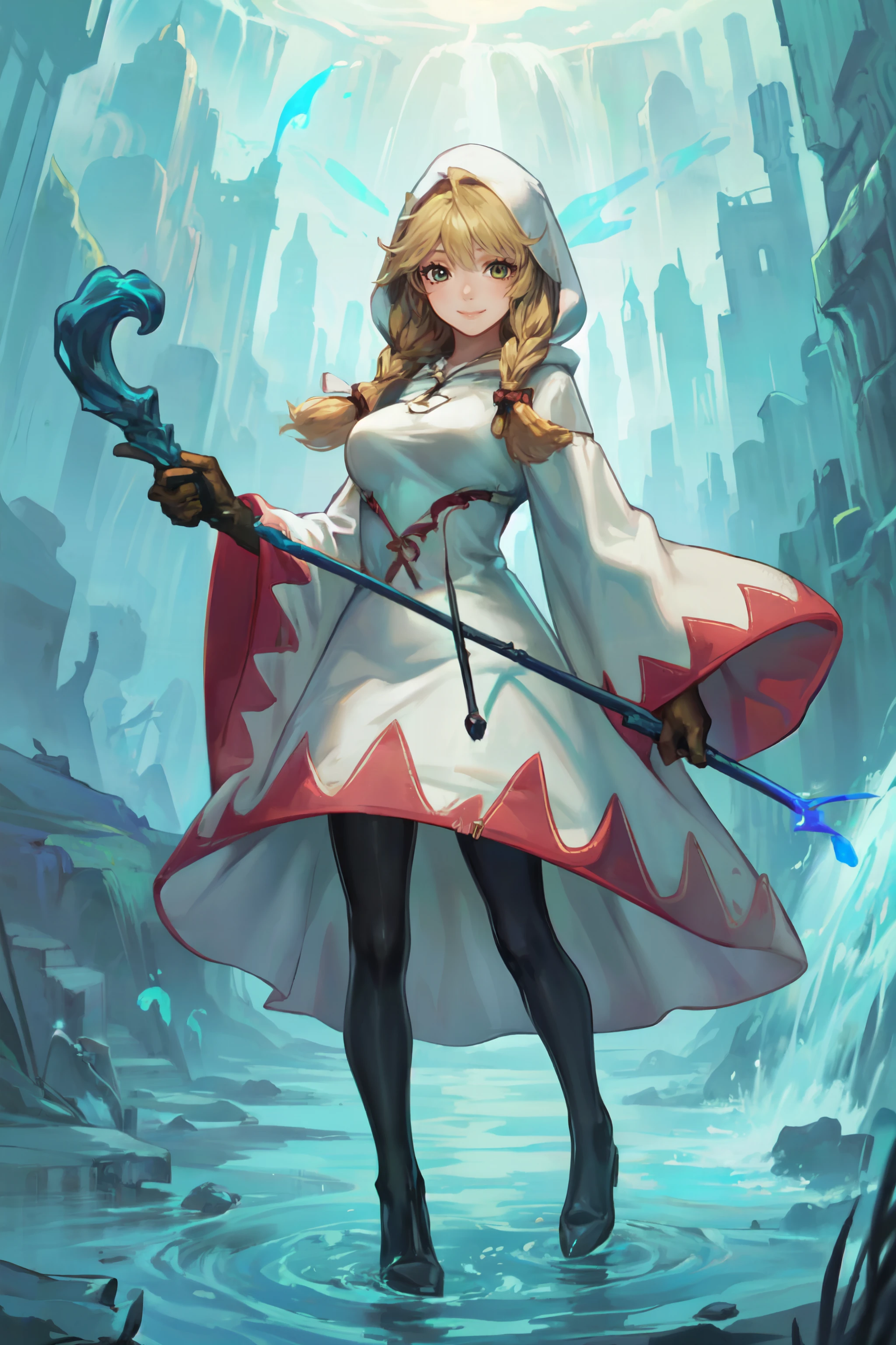 (masterpiece, best quality, ultra detailed, beautiful illustration), atmospheric perspective, depth of field, looking at viewer, beautiful detailed eyes, anime eyes:1.4, (cowboy shot, full body), dynamic pose, dynamic angle, (outdoors, desert), 1girl, smile, (large breasts), WhiteMageFFT, long hair, blonde hair, twin tails, braid, hair over shoulder, brown eyes, white mage, hood, robe, (long robe, knee-length robe), gloves, pantyhose, boots, (holding staff, staff:1.5, casting magic:1.5, healing magic:1.5, green magic:1.5, healing effects:1.5, healing aura:1.5), <lora:FinalFantasy_FemaleWhiteMage:1>
