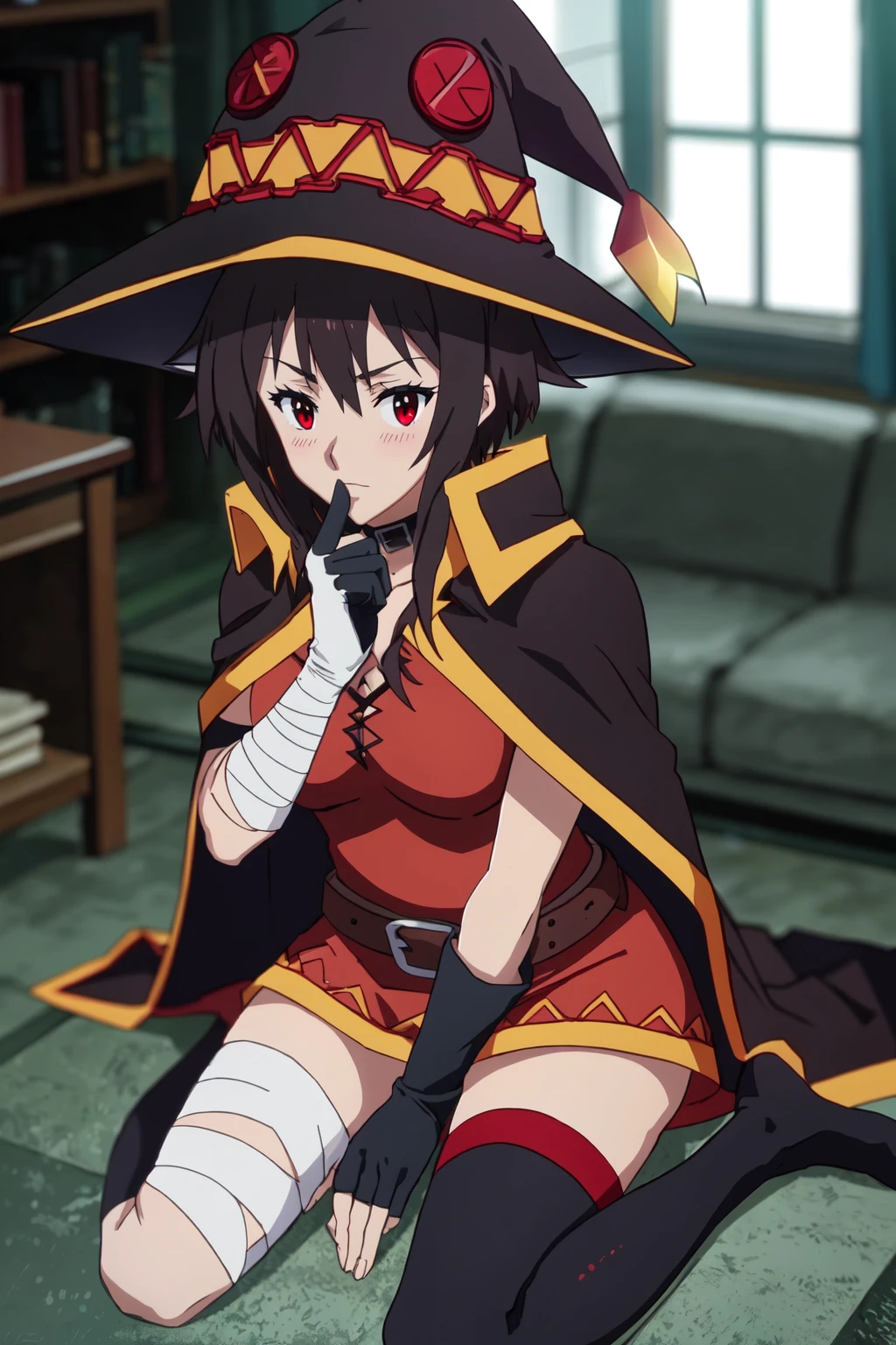 (Best quality, masterpiece), lies, spreads her legs, beautiful pussy and anus, flat chest, sexual, erotic, 1 girl, 15 years, Contempt, pride, short brown hair, ((Scarlet eyes)), looking up,  witch hat, Completely naked