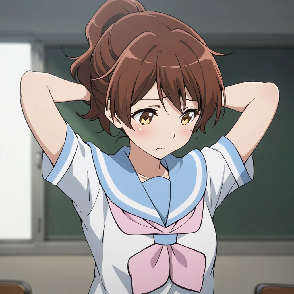 [high quality, best quality], 1girl, solo, oumae kumiko, summer uniform, ponytail, arms behind head, adjusting hair, shy, blush, classroom