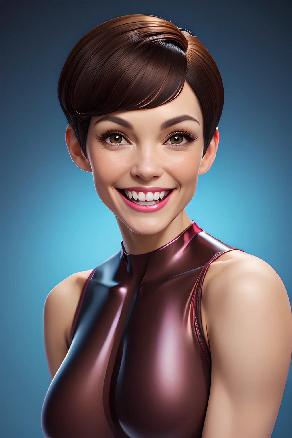 Portrait shot, fit outfit , naughty smile, tongue out, adult artist, Hollywood feeling, beautiful woman, The slender/athletic form body, Short waves hairstyle, Dark Brown eyes colors, Sexy Astronaut outfit, fit, gentle, Studio shoot background, facing viewer, detailed, prefect teeth, sharp teeth,
natural volumetric lighting, studioligthing,