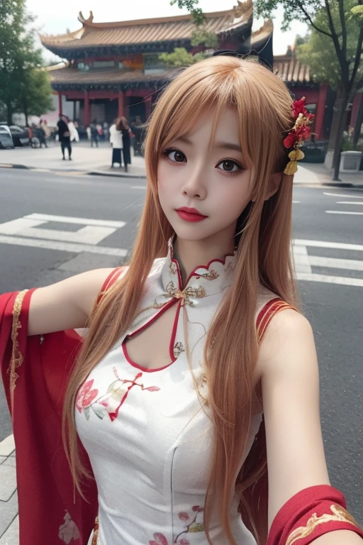 ltra-detailed,highly detailed,best quality,masterpiece,illustration,realistic,photorealistic,
yuuki asuna,
1girl, solo, 
qipao, china dress, chinese clothes,
upper body,looking at viewer, 
outdoors,  
<lora:yuuki asuna-qipao_v1_07:0.6>