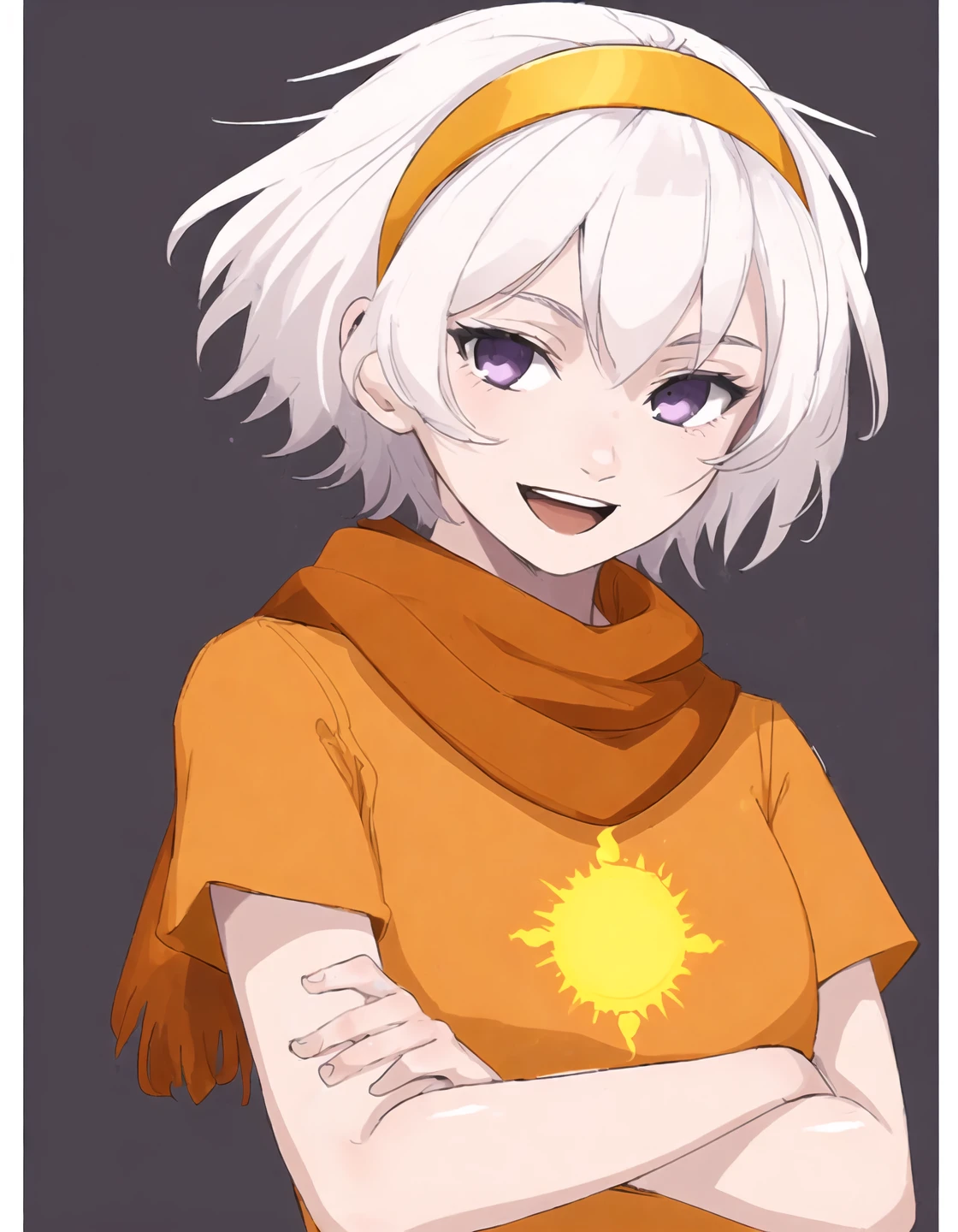 rosegdtr <lora:rosegdtr:1>, sun symbol, 1girl,solo,looking at viewer,smile,short hair,open mouth,shirt,purple eyes,white hair,hairband,scarf,transparent background,crossed arms, orange dress, orange shirt, <lora:more_details:0.7>