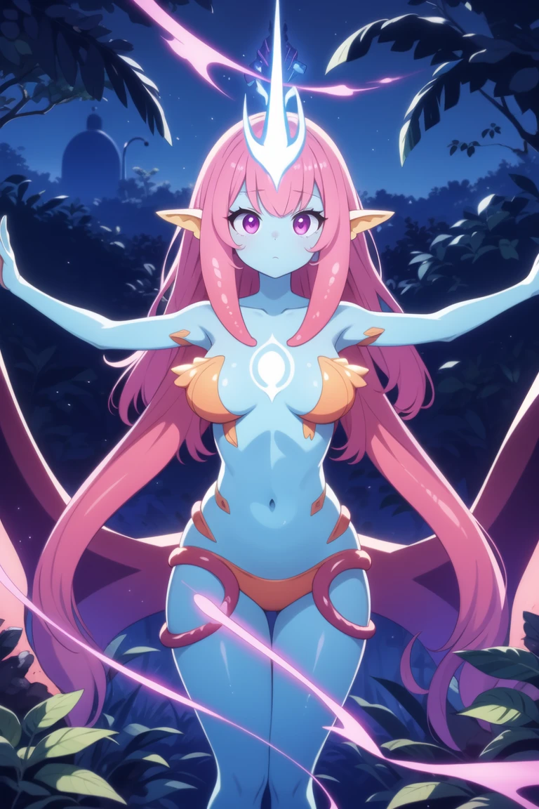 masterpiece, best quality, ultra detailed, anime style, in the depths of an alien jungle, a tentacled monster girl with bioluminescent skin unleashes her telepathic powers, creating a telekinetic dance among the strange flora. The vibrant alien landscape pulses with her psychic energy