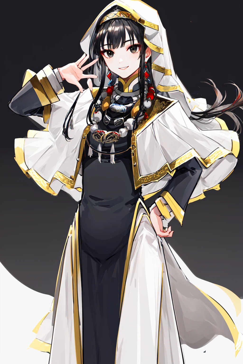 masterpiece, best quality, highres, 1girl black eyes, kafna uniform jewelry <lora:sedona_bleu:1> hand on hip, smile, simple background