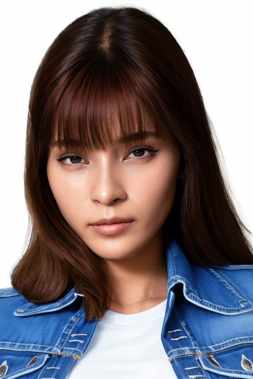 Photo of a woman in a white jacket and a blue jeans, look into the camera, simple black background, studio light, detailed, realistic, 4K, <lora:MS_Oopeve_V2_32:0.8>