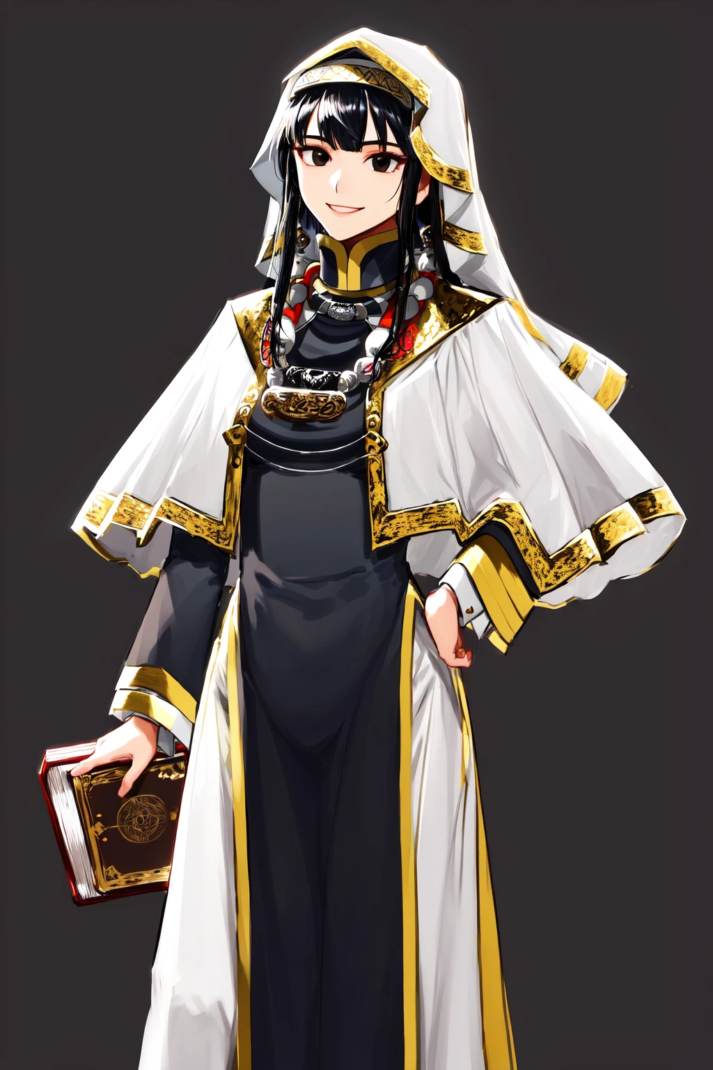 masterpiece, best quality, highres, 1girl black eyes, kafna uniform jewelry <lora:sedona_bleu:1> hand on hip, smile, holding book, simple background