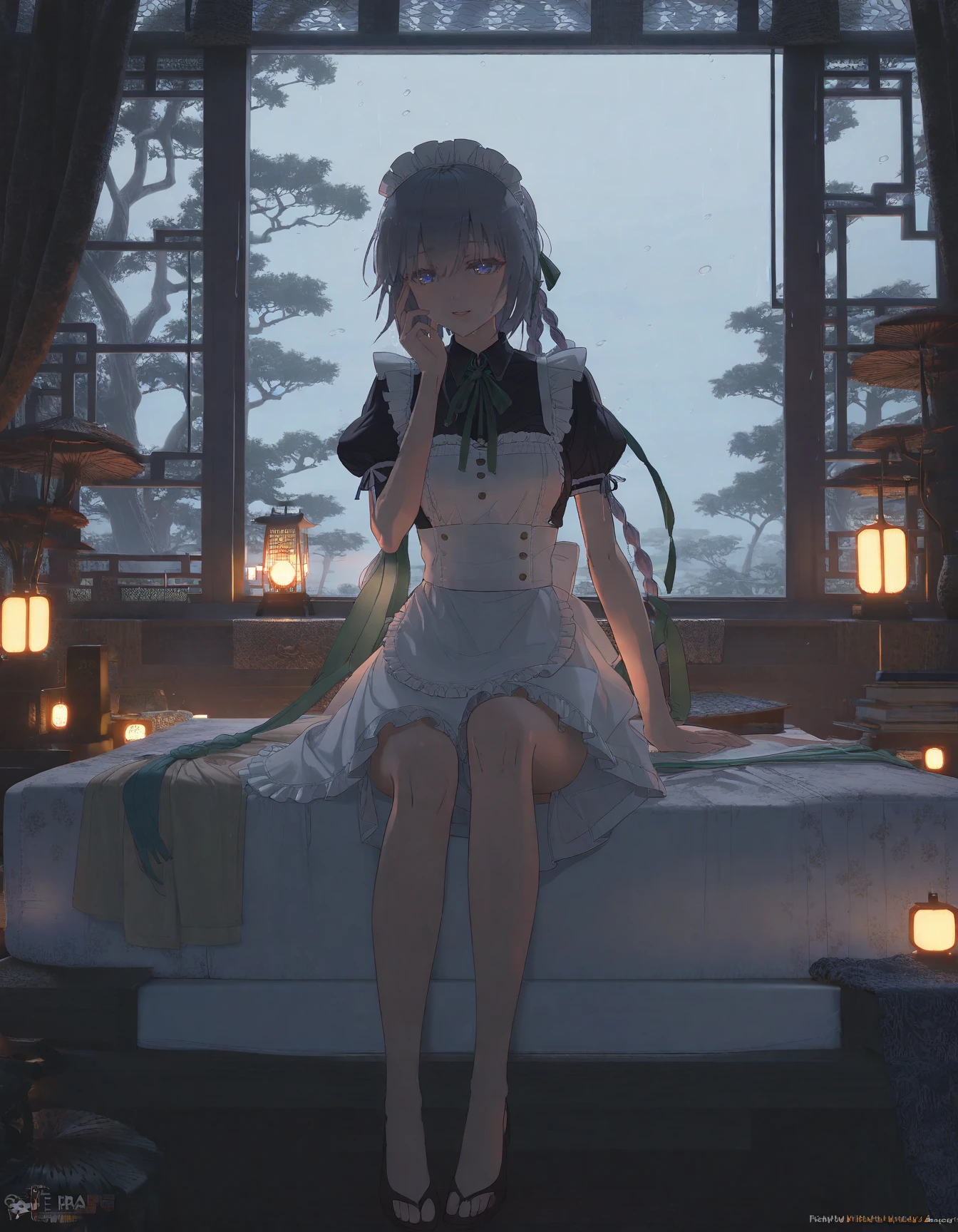 detailed, aesthetic, beautiful, beautiful color, amazing quality, best quality, 1girl, solo, maid apron, medium breasts, izayoi sakuya, maid headdress, puffy short sleeves, blue eyes, hair ribbon, braid, grey hair, medium hair, frilled apron, green ribbon, neck ribbon, collared shirt, <lora:void:1>, bed sheet, indoors, on bed, sitting, hand on own cheek, window, night, lantern, desk lamp, rain, blanket, smile, tree, pillow, east asian architecture
