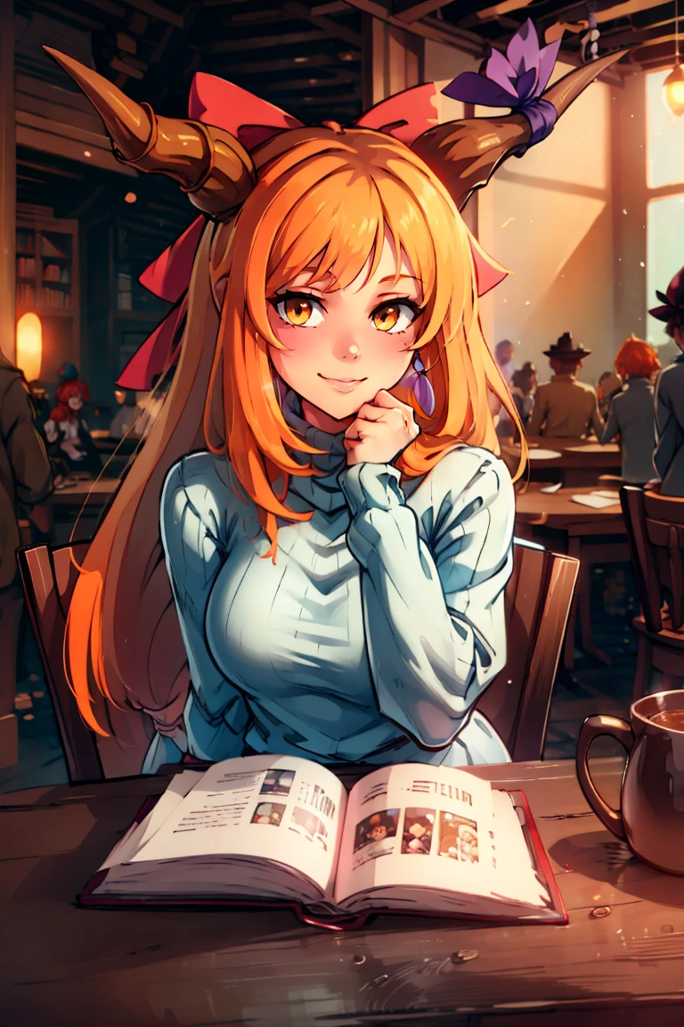 turtleneck sweater, earrings, library, cup of coffee, sitting at table ((masterpiece,best quality)), absurdres, <lora:Ibuki_Suika_Touhou:0.8>, Ibuki_Suika_Touhou, horns, ibuki suika, 1girl, long hair, solo, bow, hair bow, horn ornament, ribbon, horn ribbon, orange hair, red bow, solo, smiling, looking at viewer, cowboy shot,