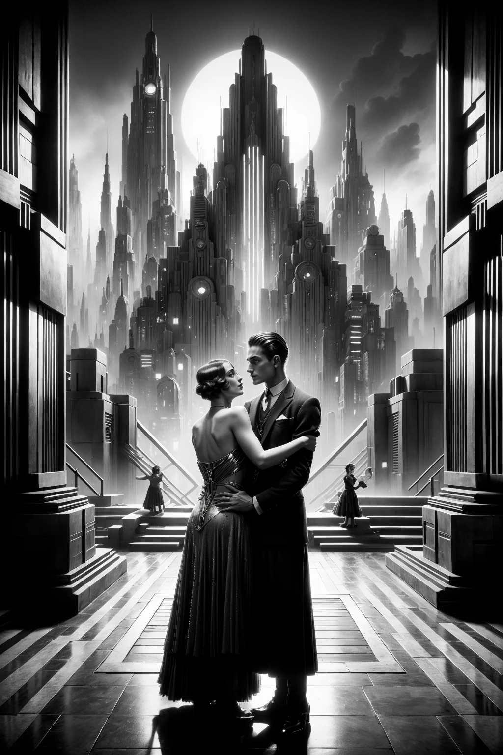 couple embracing, roof top, futuristic, stylized, art deco, expressionist, 1920s, black and white  <lora:Metropolis_Movie_Style_SD1.5:0.8> mad-ropolis-movie, (masterpiece:1.2), best quality