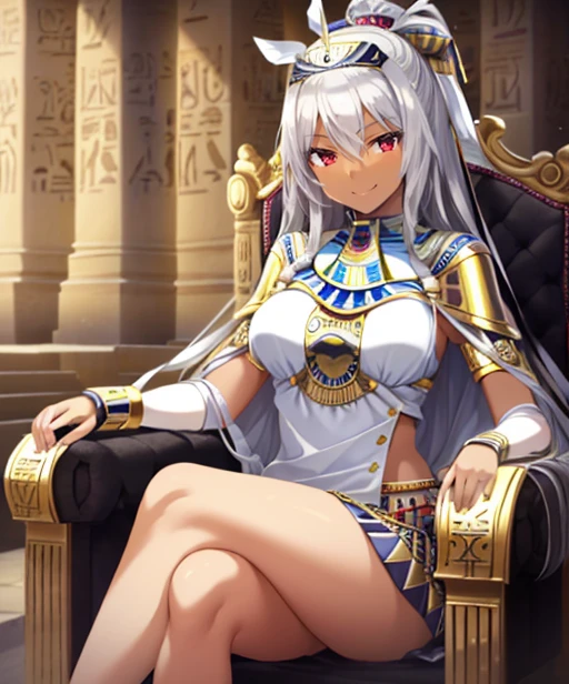 (adult woman), (1girl, solo), sitting on a throne, crossed legs, ((egyptian, pharaoh, dark skin)), (mischievous smirk, seductive smile), (silver hair), (red eyes), ((eqyptian temple)), ((best quality, high detail)), ((masterpiece)),  <lora:1_kimishimaao_10 e:1>