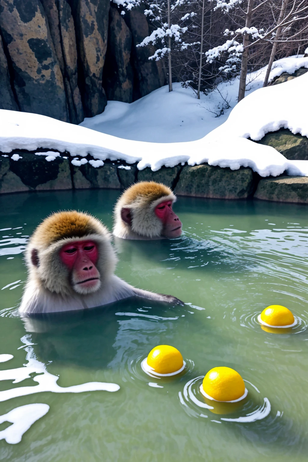 <lora:LCM_LoRA_Weights_SD15:1>, <lora:yomama_onsen:0.8>yomama_onsen, hotspring, snow, outdoor, scenary, steam, (partially submerged), (monkey), fruits,