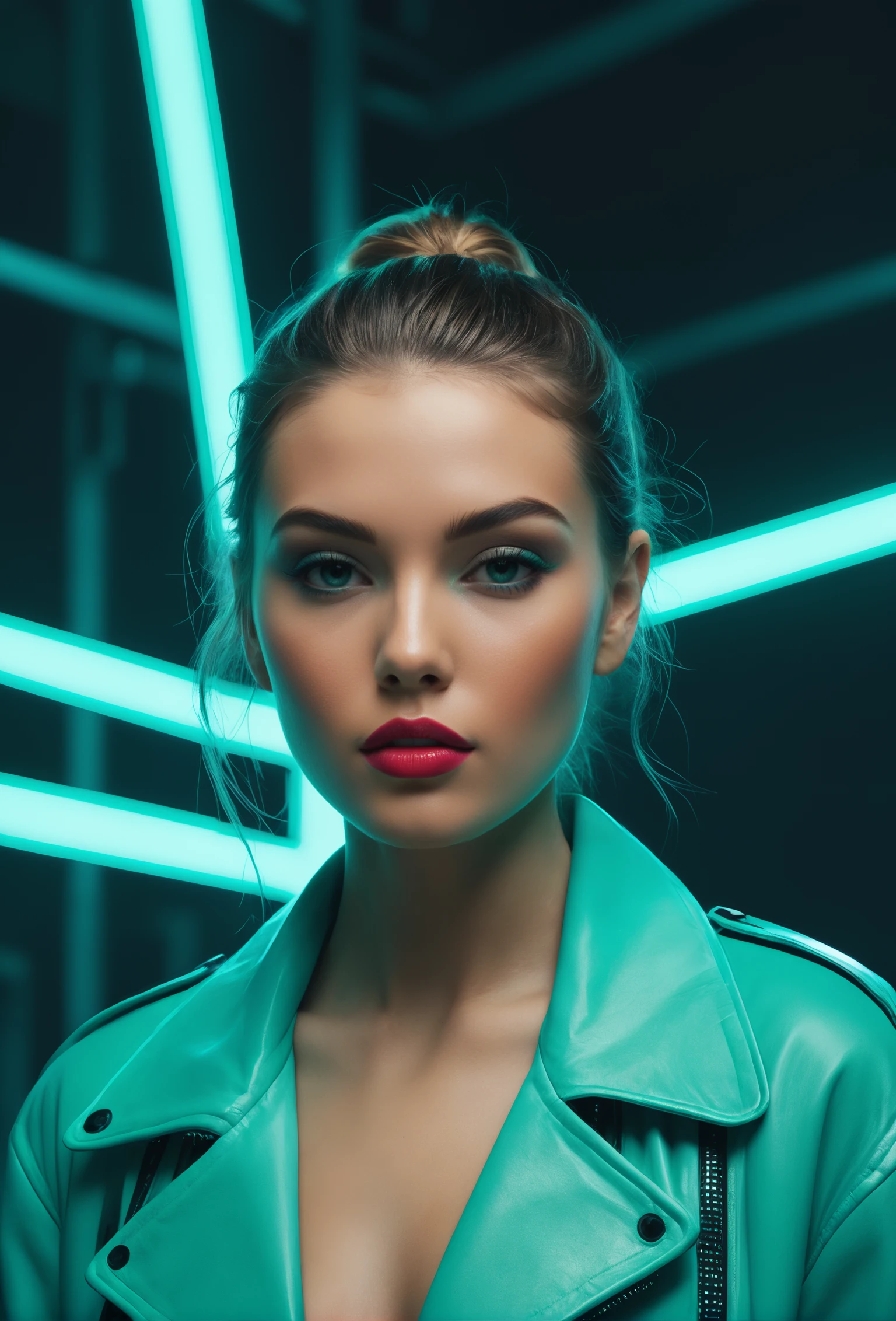 fashion photography, surrounded by neon lights, blue green and teal colors,
32k UHD