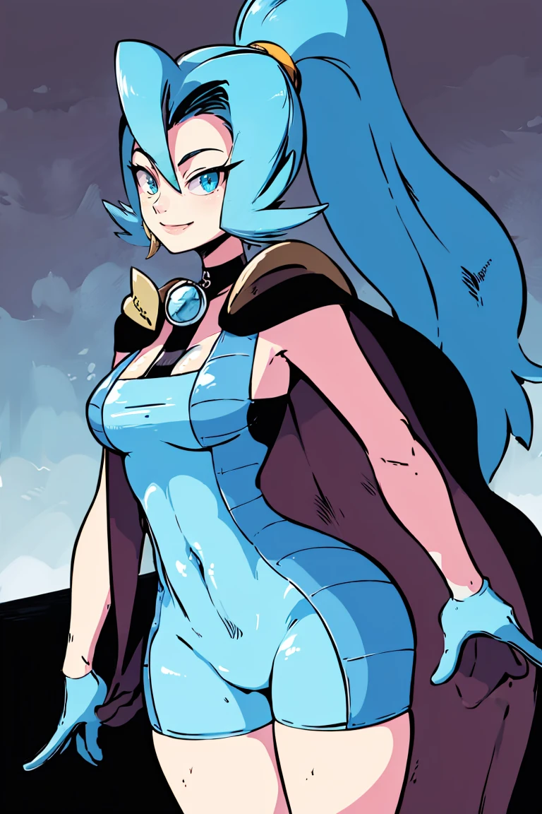 <lora:Diives_Style:0.8>,((masterpiece,best quality)), absurdres, <lora:Clair_Pokemon:0.8>, Clair_Pokemon, solo, 1girl,  long hair, blue hair, blue eyes, ponytail, blue bodysuit, black cape, blue gloves,  solo, smiling, looking at viewer, cowboy shot