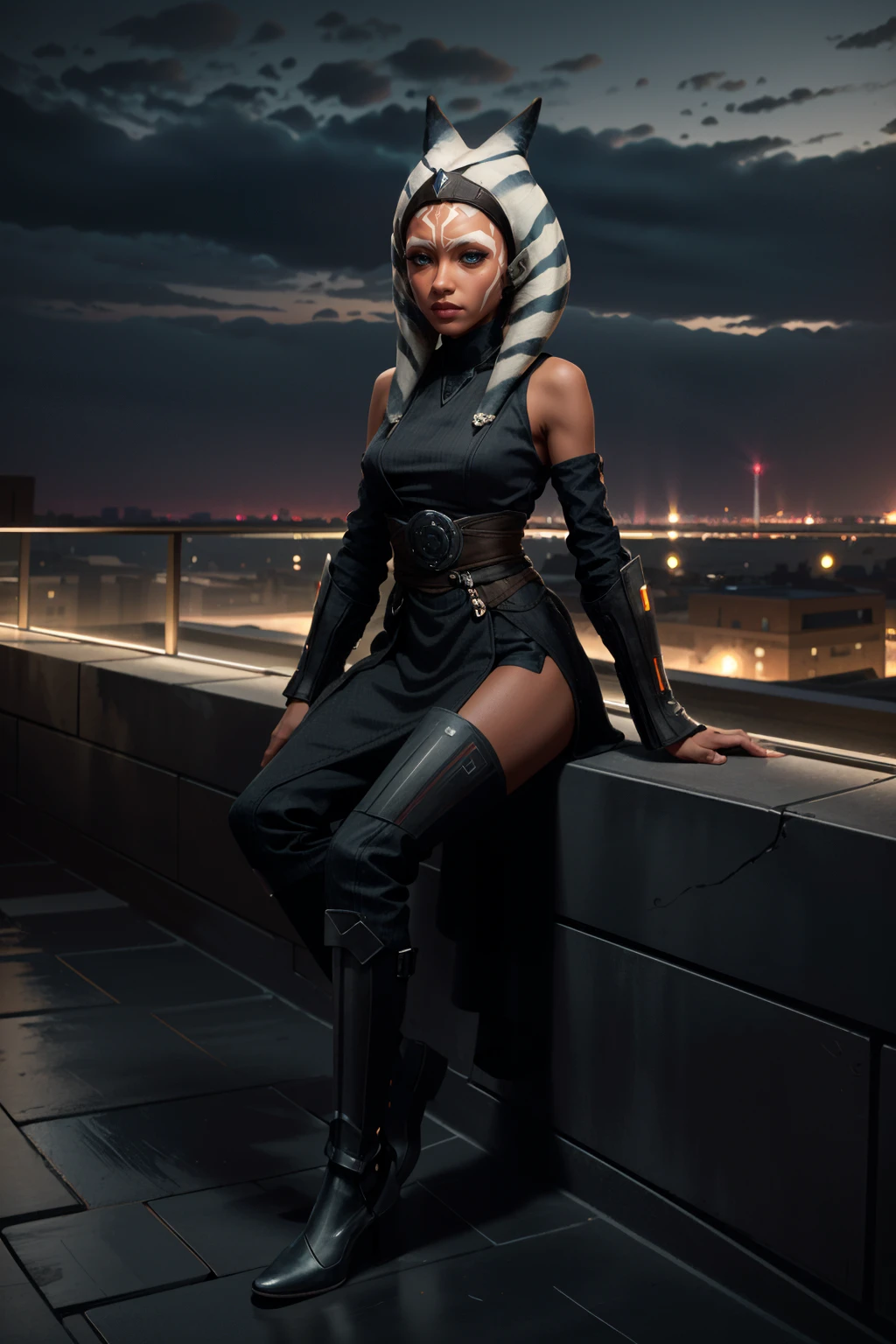 ((ultra detailed, masterpiece, absurdres))
StarWAhsoka, 1girl, dark skin, white facial mark, overlooking the city from a rooftop bar at night, chic outfit, sitting on the rooftop looking down at the city, full body shot, digital art, octane render, ureal engine, trending on artstation, art by Artgerm and Greg Rutkowski and Alphonse Mucha
<lora:StarWAhsoka:0.9>