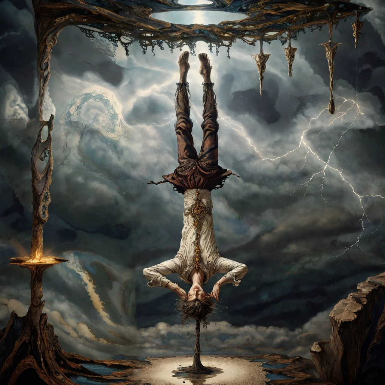 (xlomrblng:0.8) Surrealism, magnificent Tarot The Hanged Man, sorcerer upside down, hanging by one ankle, aura, very detailed, intricate, (stormy:1.21) <lora:xlomrblng:1>