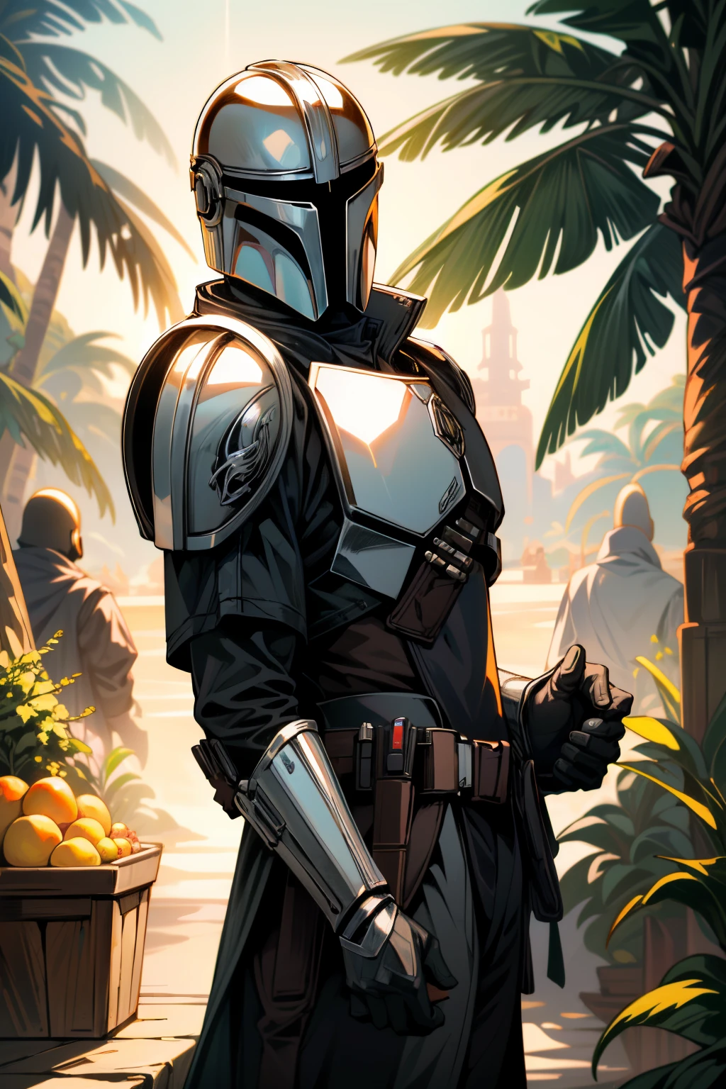 ((ultra detailed, masterpiece, absurdres))
<lora:StarWMandalorian:0.9>
StarWMandalorian, 1boy, no face, helmet, Tropical market with vibrant fruits, detailed textures, dynamic lighting