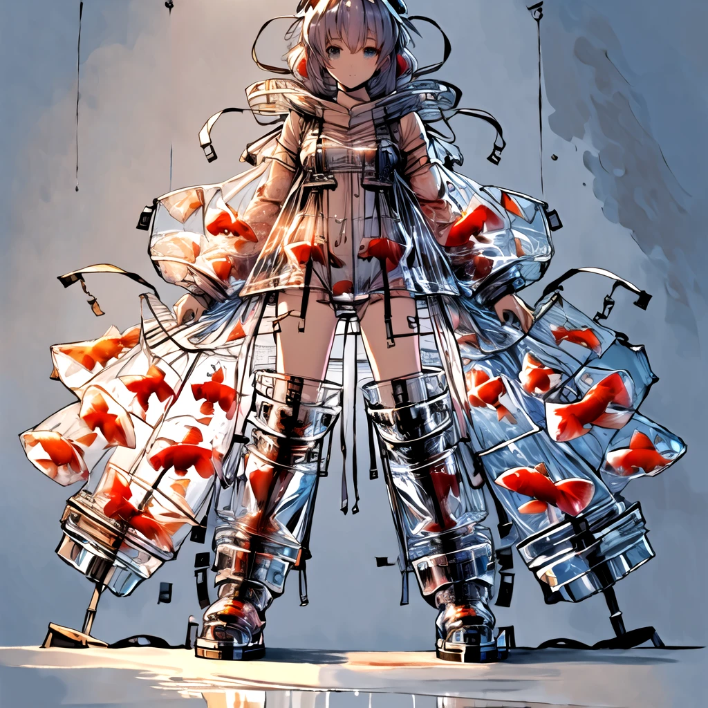 Create a vivid anime image of a vivid young anime girl. Her hair, eyes and skin should be light grey. She is wearing a white thick baggy long armored hooded robe with white ribbon, scarf and long boots.
1girl, solo, (hood up:1.5),(full body:1.5), (standing:1.5), (dynamic angle:1.5), <lora:kingyoishou_v1:1>, kingyoishou