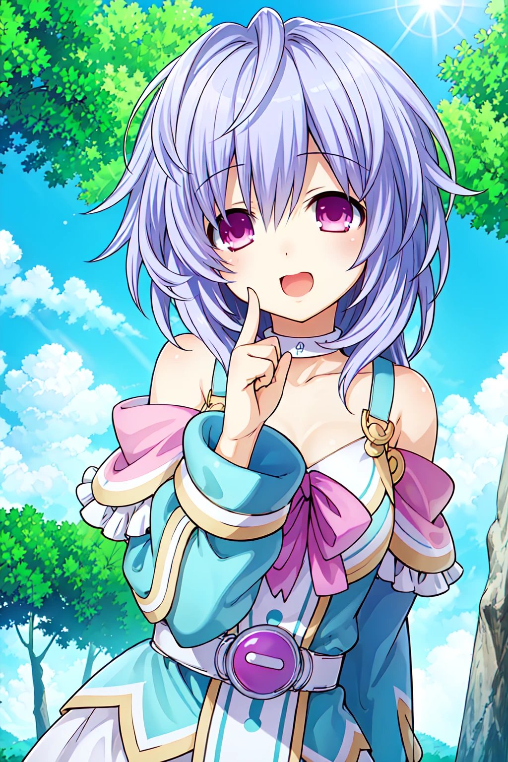masterpiece, best quality, highly detailed, 1girl, plutia, outside, trees, clouds, sunny, lens flare, beautiful
